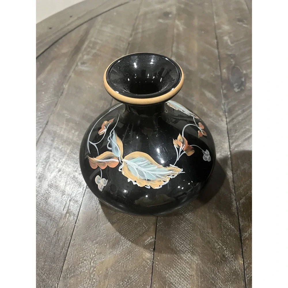 Fenton Autumn On Black Vase‎ Candle Holders Set Console Fall Leaves Hand Painted